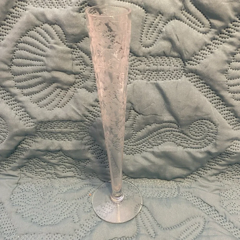 Vintage 1950's Tiffin Glass Bud Vase Beautiful Rose Etching 10.5